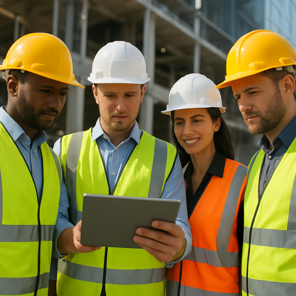 AvenBrik engineering team reviewing project plans on site